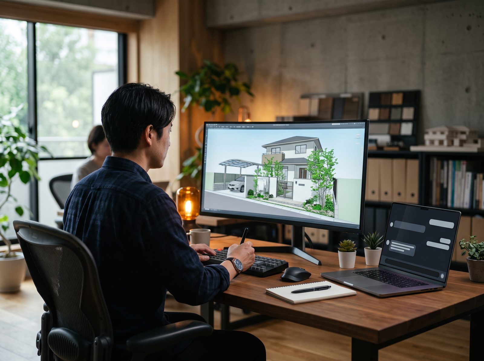 外構CADで3Dモデルを作図する設計者と、生成AIのアシスタントのイメージ